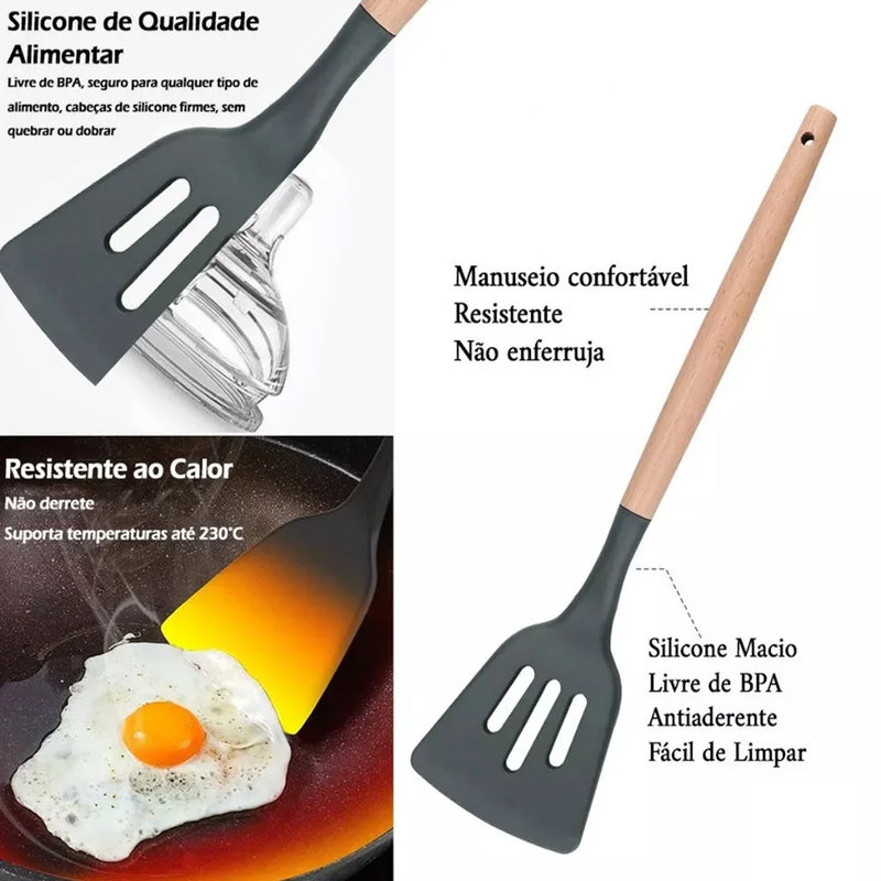 Conjunto de utensílios de cozinha de silicone com alça de madeira, ferramenta de cozinha, panelas antiaderentes, espátula