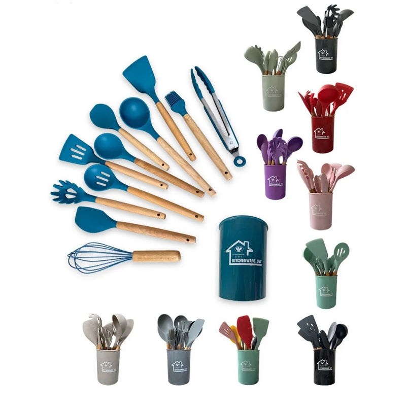 Conjunto de utensílios de cozinha de silicone com alça de madeira, ferramenta de cozinha, panelas antiaderentes, espátula