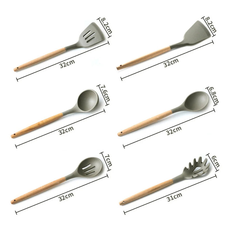 Conjunto de utensílios de cozinha de silicone com alça de madeira, ferramenta de cozinha, panelas antiaderentes, espátula