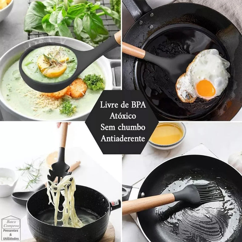 Conjunto de utensílios de cozinha de silicone com alça de madeira, ferramenta de cozinha, panelas antiaderentes, espátula