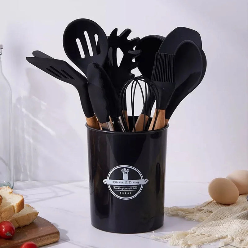 Conjunto de utensílios de cozinha de silicone com alça de madeira, ferramenta de cozinha, panelas antiaderentes, espátula