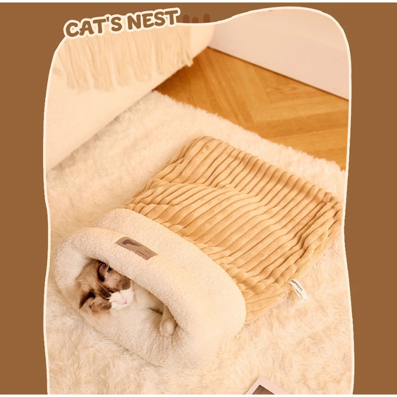 Pet Sleeping Bag Winter Warm Soft Plush Semi Enclosed Cat Nest Sleeping Bag Home Cat and Dog Comfortable Bed Accessories