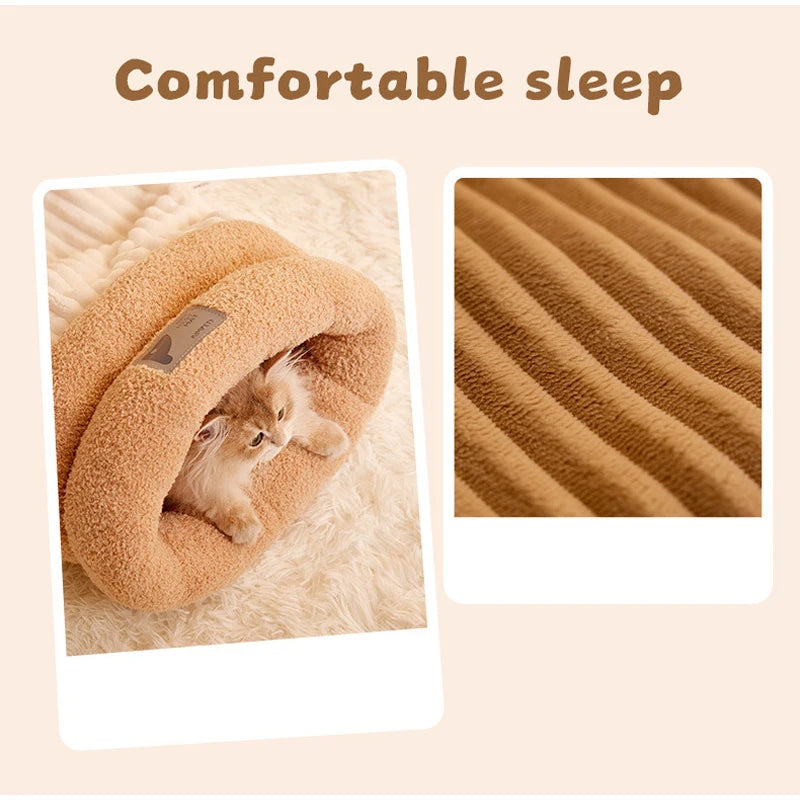 Pet Sleeping Bag Winter Warm Soft Plush Semi Enclosed Cat Nest Sleeping Bag Home Cat and Dog Comfortable Bed Accessories