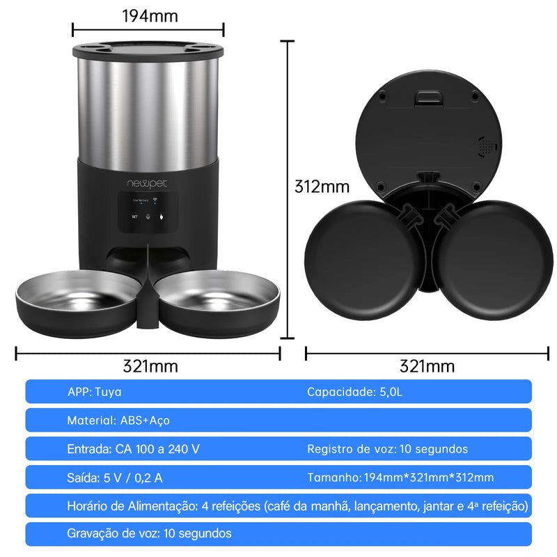 Alimentador Automático Programável para Pets - 5L, Funções Inteligentes e Alta Qualidade  Facilite a rotina do seu pet com alimentação automatizada e saudável!