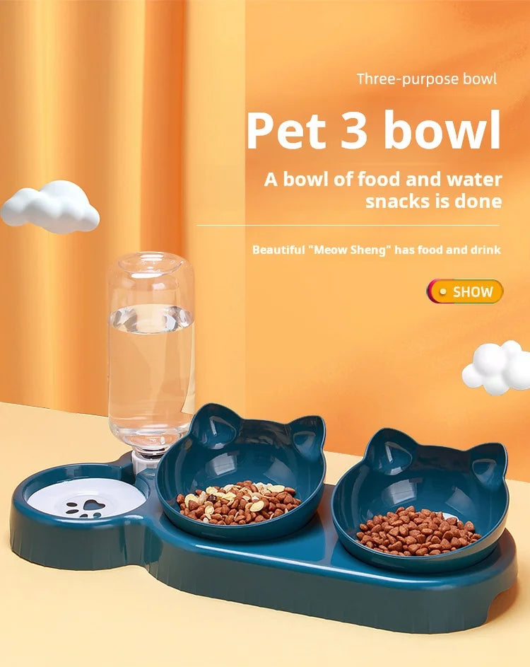 Pet Bowls With Water Feeder, 3 In 1 Ear Design Tilted Cat Water And Food Bowl Set With Gravity Water Bottle For Neck Protection