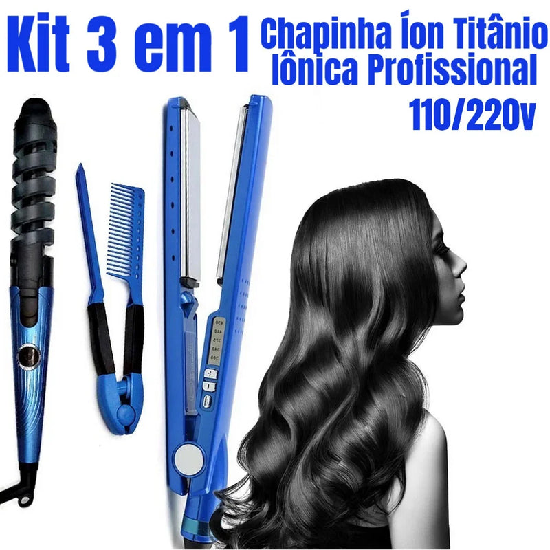 Kit 3 em 1 Prancha Chapinha Íon Titânio Iônica Profissional 450f Prancha de Cabelo 110/220v