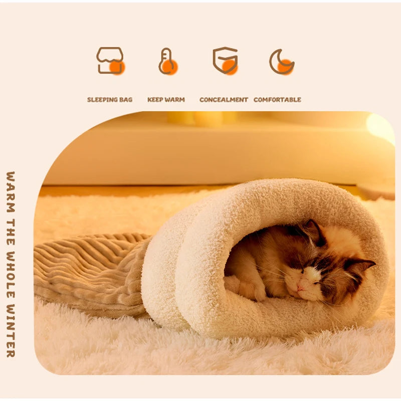 Pet Sleeping Bag Winter Warm Soft Plush Semi Enclosed Cat Nest Sleeping Bag Home Cat and Dog Comfortable Bed Accessories