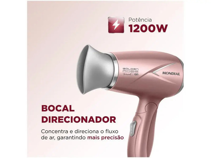 Secador de Cabelo Mondial Tourmaline Ion Golden - Rose 1200W 2 Velocidades Travel SC-47-GR